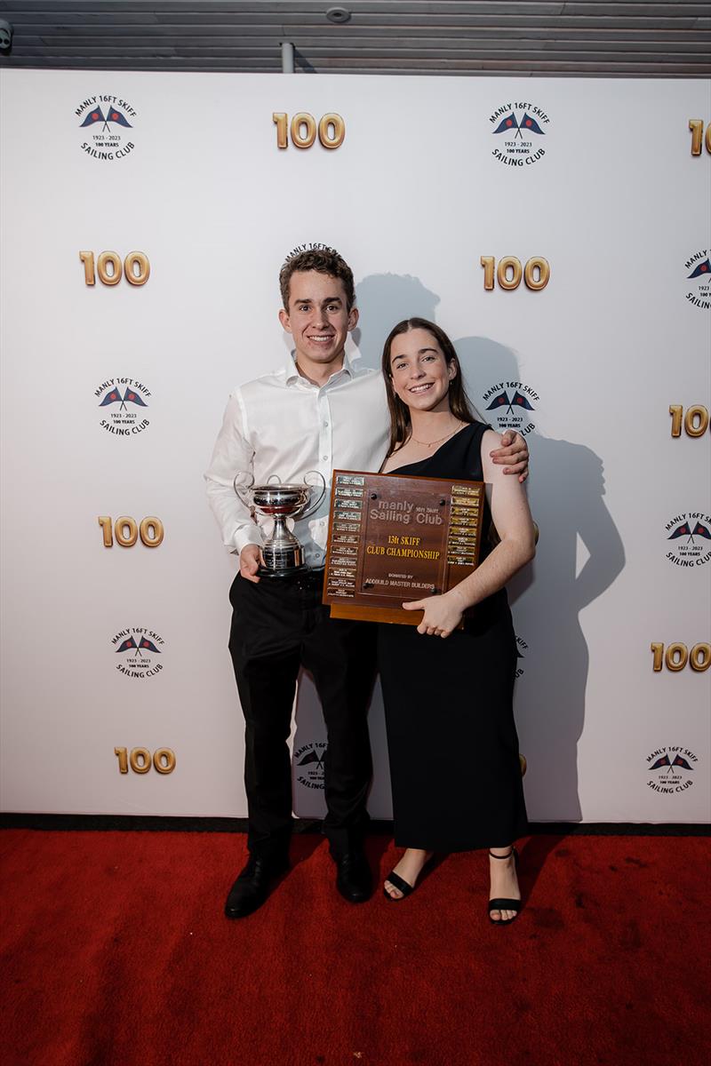 James Hopkins, Jemma Hopkins with their trophy and Malcolm Page photo copyright Third Wheelin' Co. taken at Manly 16ft Skiff Sailing Club