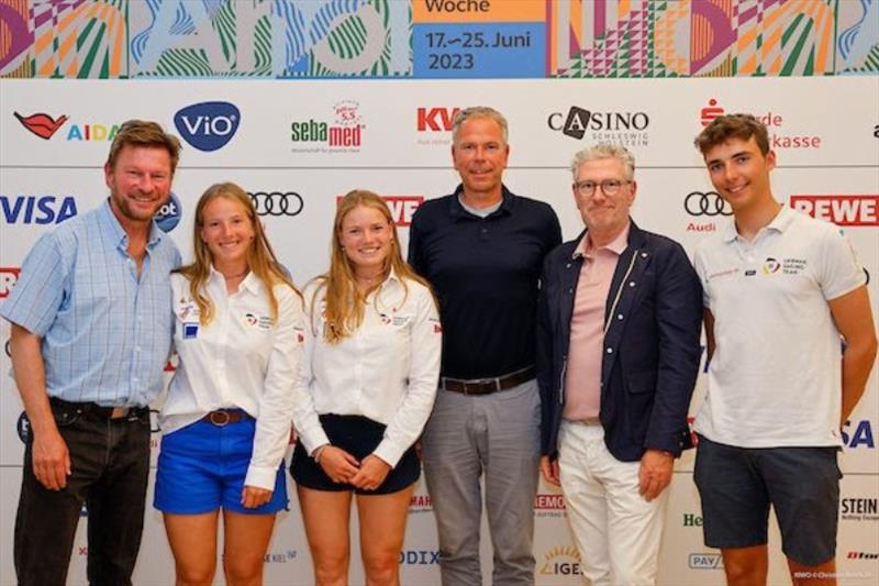 Press conference Kiel Week 2023, f.l. Andreas Kling, Marla Bergmann, Hanna Wille, Dirk Ramhorst, Michael Berghorn and Ole Schweckendiek photo copyright Christian Beeck taken at Kieler Yacht Club