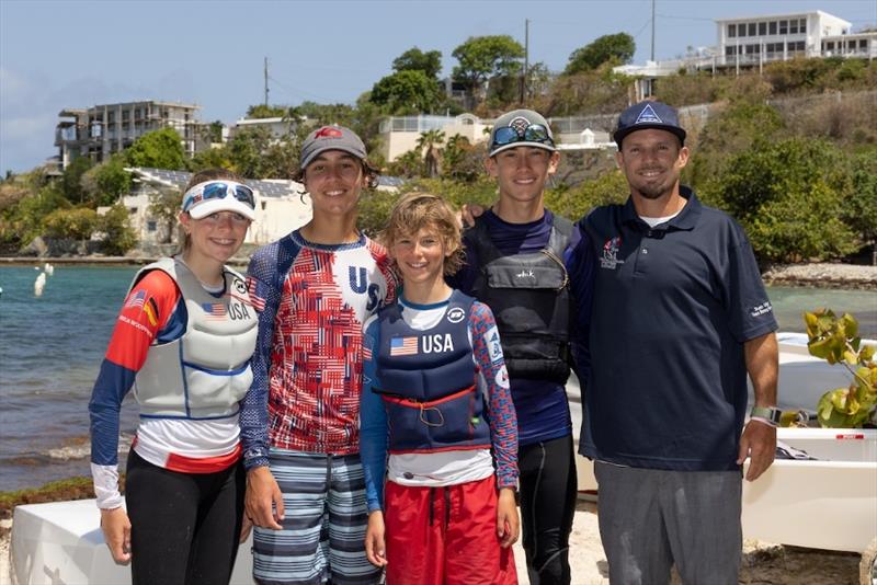 L to R: Amelia Woodworth, John Hartney, Joshua Wenokur, Ethan Wenokur, Coach Manny Resano photo copyright Matias Capizzano taken at St. Thomas Yacht Club