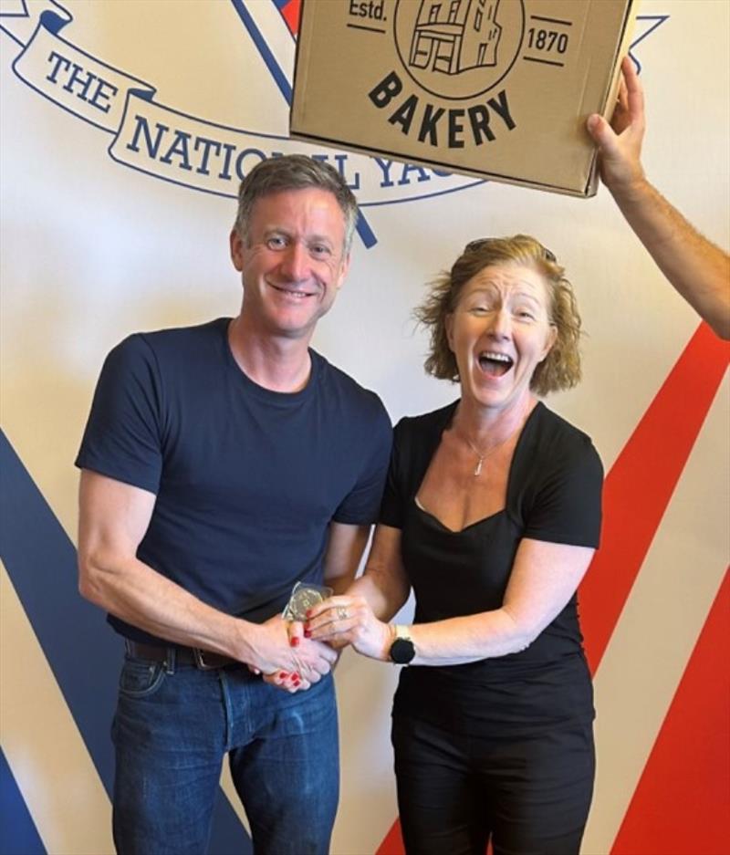 Bretzel Bakery MD Dymphna O'Brien presents Noel Butler with Irish Sailing silver medal, Irish RS Aero Nationals, 2023 photo copyright Roy Van Maanen taken at National Yacht Club, Ireland