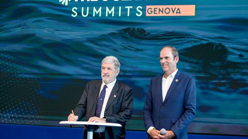 L-R: Mayor of Genova Marco Bucci signed the city's public support for ocean rights at The Ocean Race Summit Genova photo copyright Sailing Energy / The Ocean Race taken at 