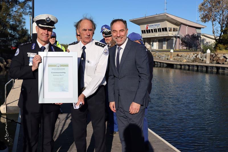Minister for Emergency Services Jihad Dib and Bega MP Dr Michael Holland today welcomed a new $375,000 Marine Rescue NSW vessel at Batemans Bay photo copyright Marine Rescue NSW taken at 