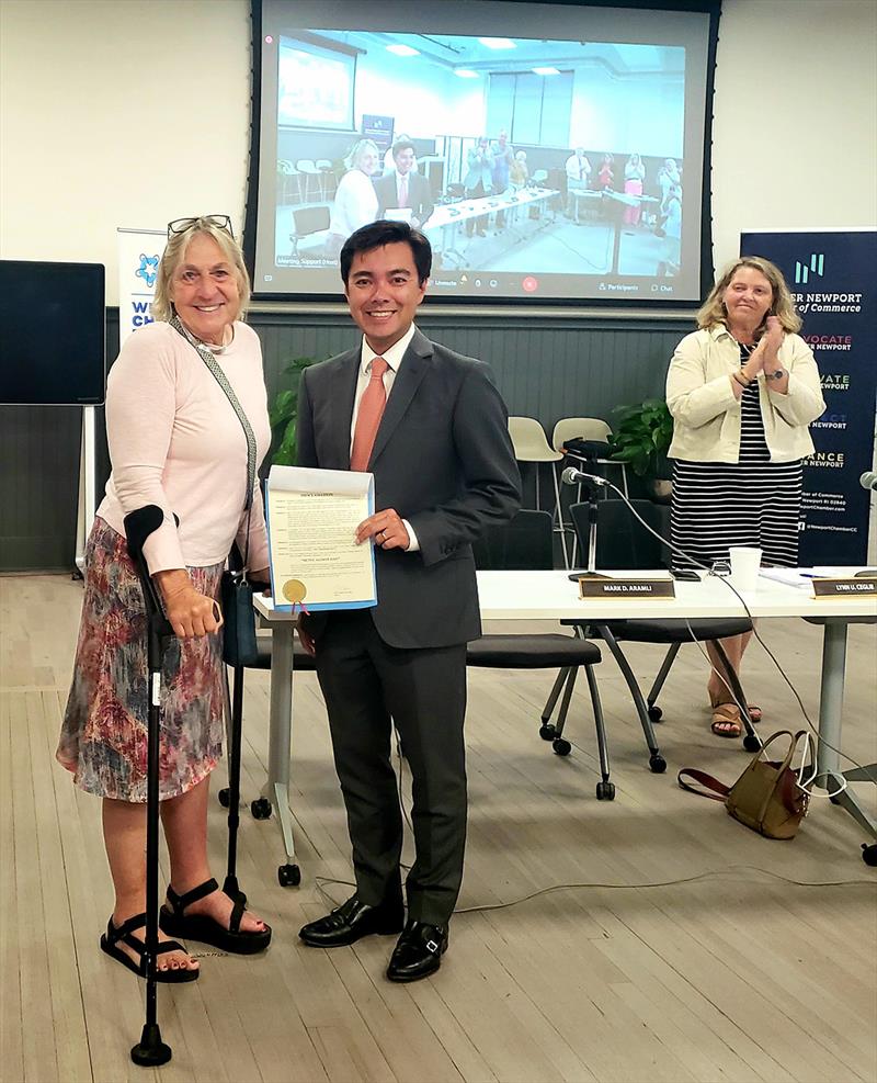 Betsy Alison recieving her proclamation for Betsy Alison Day from City of Newport Mayor Khamsyvoravong and Council - photo © Clagett Sailing