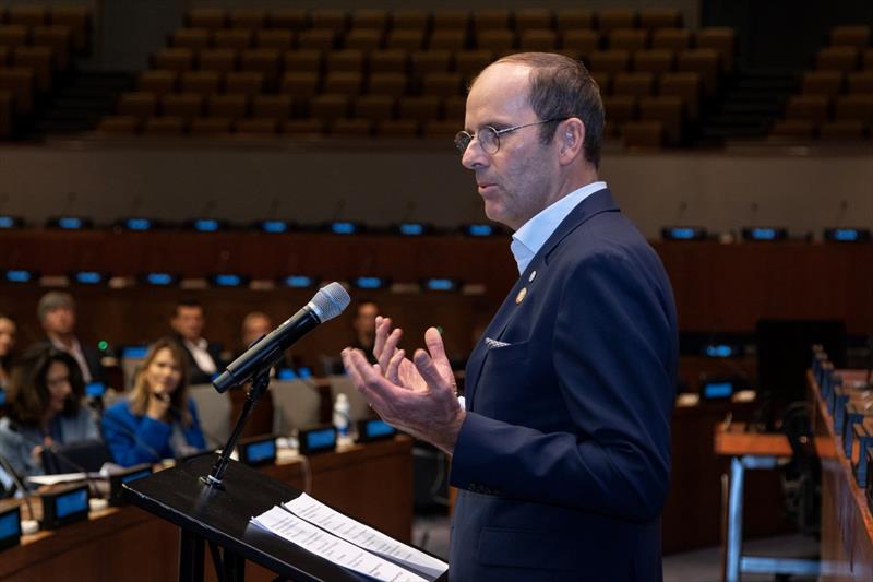 The Ocean Race 2022-23 - 19 September 2023. The Ocean Race Chairman Richard Brisius, speaking at the UN HQ photo copyright Cherie Bridges / The Ocean Race taken at 