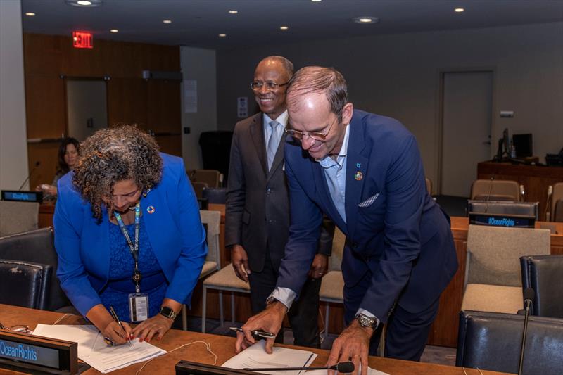 The Ocean Race Summits presents Ocean Rights in the United Nations Headquarters, New York. (L to R): Tania Romualdo, Ulisses Correia e Silva and Richard Brisius photo copyright Cherie Bridges / The Ocean Race taken at 