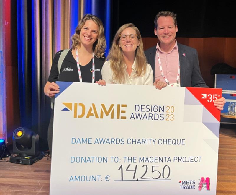 In Amsterdam, The Magenta Project board members Holly Cova and Tim Lemeer join Executive Director Meg Reilly at METSTRADE to receive the DAME Charity of the Year Award photo copyright The Magenta Project taken at 