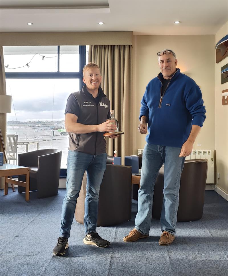 Charlie Matthews is presented with the SnowGlobe trophy by Nick Milton, Royal Corinthian Yacht Club's Rear Commodore of Sailing photo copyright Petru Balau Sports Photography / sports.hub47.com taken at Royal Corinthian Yacht Club, Burnham