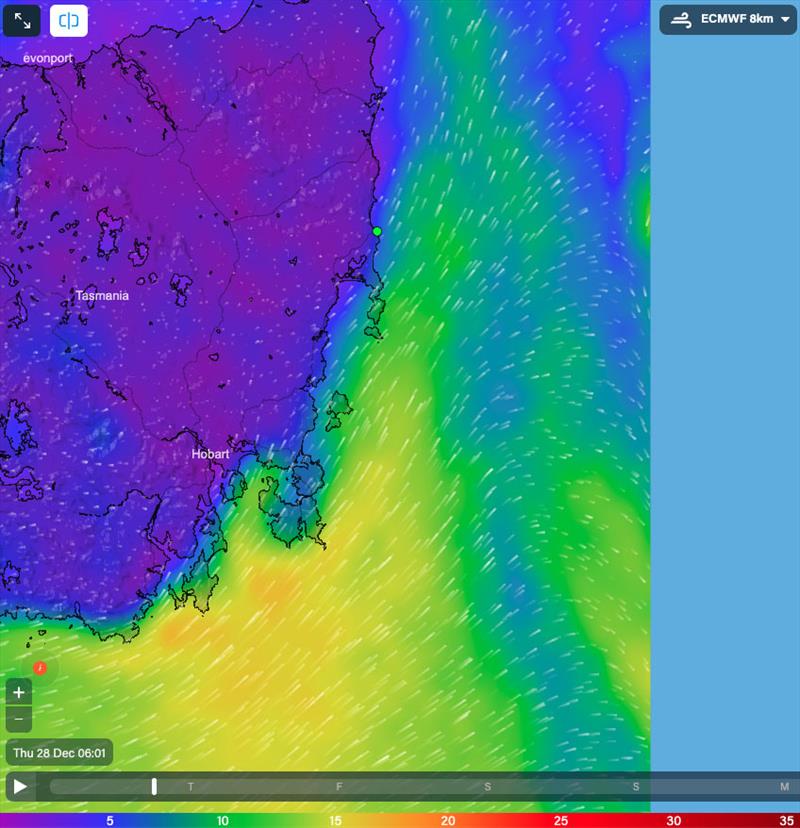 Wind for the East Coast of Tasmania at 0601hrs 28/12/23 photo copyright Predictwind.com taken at Cruising Yacht Club of Australia