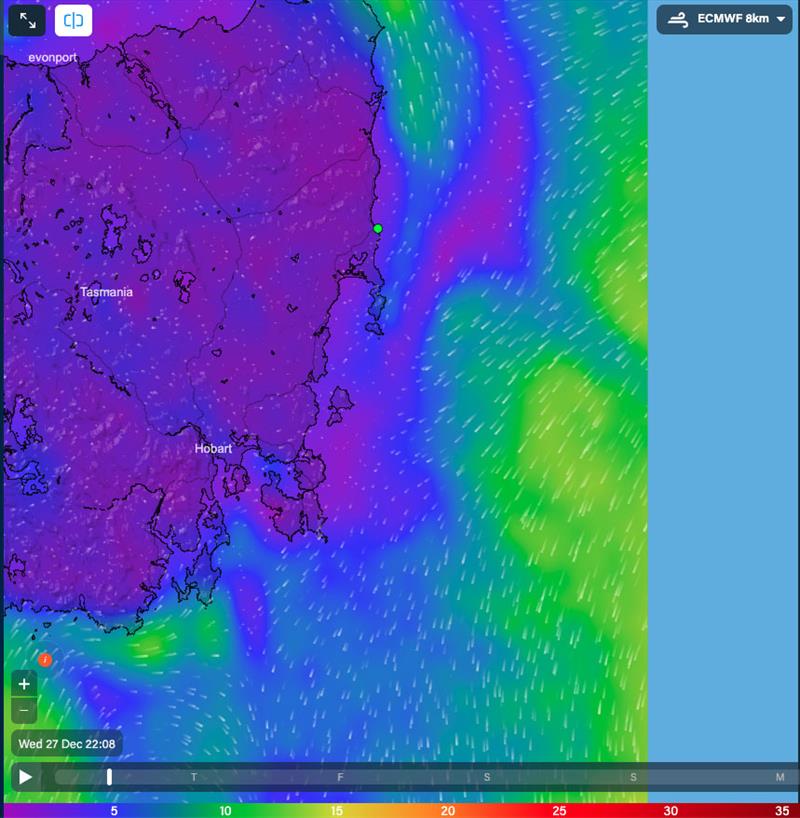 Wind for the East Coast of Tasmania at 2208hrs 27/12/23 - photo © Predictwind.com