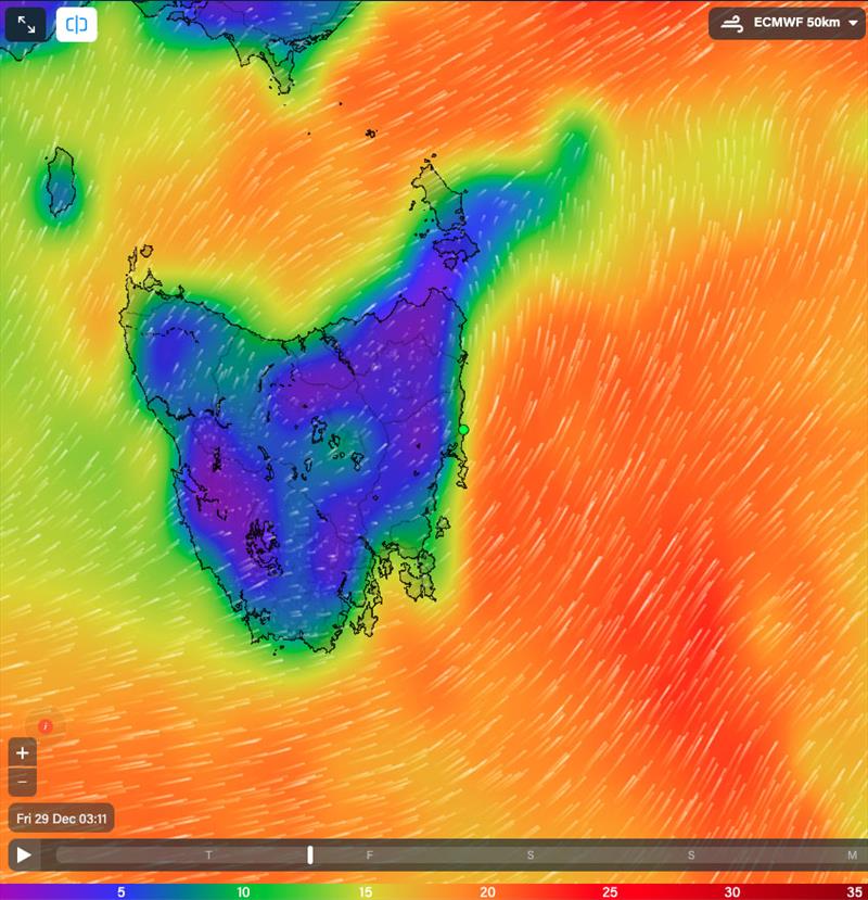 Wind over Tasmania at 0311hrs 29/12/23 - photo © Predictwind.com