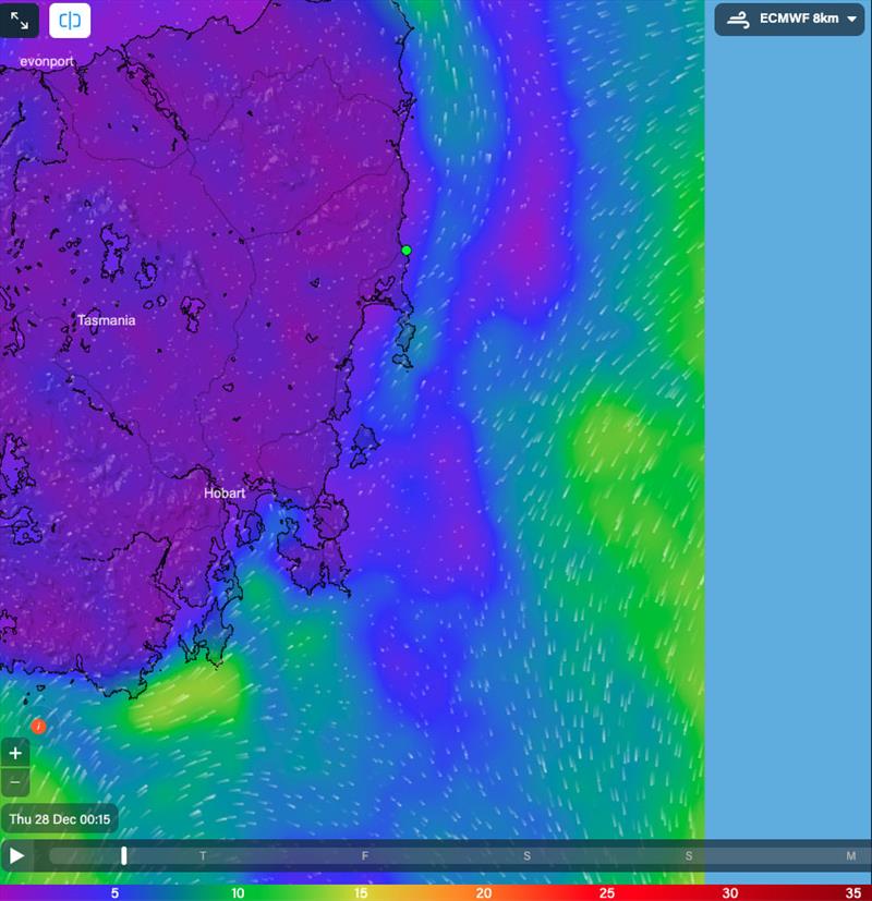 Wind for the East Coast of Tasmania at 0015hrs 28/12/23 - photo © Predictwind.com