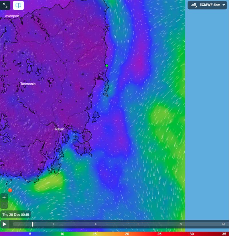 Wind for the East Coast of Tasmania at 0015hrs 28/12/23 photo copyright Predictwind.com taken at Cruising Yacht Club of Australia