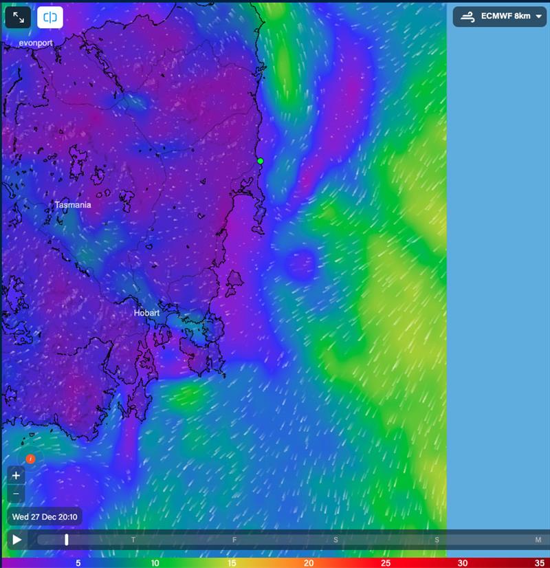 Wind for the East Coast of Tasmania at 2010hrs 27/12/23 - photo © Predictwind.com