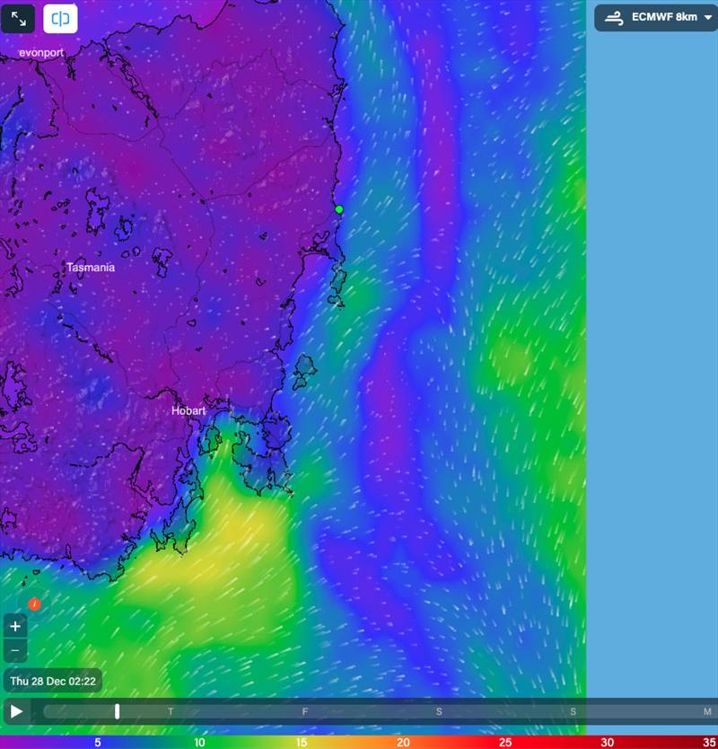 Wind for the East Coast of Tasmania at 0222hrs 28/12/23 - photo © Predictwind.com