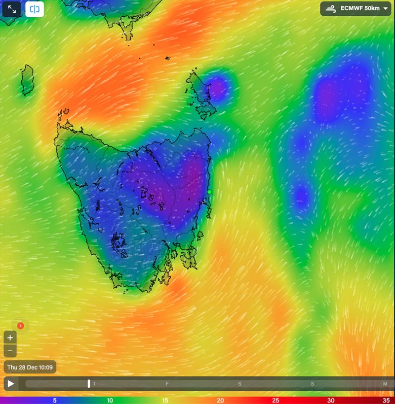 Wind over Tasmania at 1009hrs 28/12/23 - photo © Predictwind.com