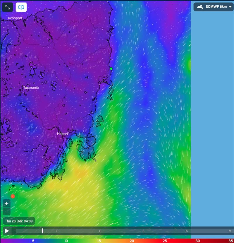 Wind for the East Coast of Tasmania at 0409hrs 28/12/23 - photo © Predictwind.com
