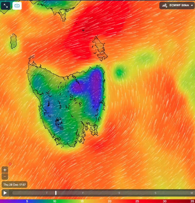 Wind over Tasmania at 1757hrs 28/12/23 - photo © Predictwind.com