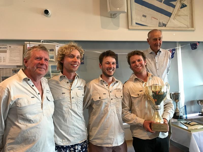 The crew of Ireland Girl was awarded the Corinthian trophy for the Etchells Victorian Championship 2024. Pictured are Nigel Abbott, Jack Felsenthal, James McLennan and Jack Abbott, with Geoff Henke photo copyright Jeanette Severs taken at Metung Yacht Club