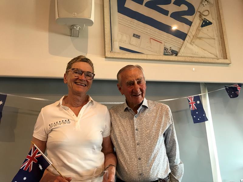Niesje Hees, Commodore of Royal Brighton Yacht Club and skipper of Quandong, with Geoff Henke. Hees was awarded the First Female Helm, of the Etchells Victorian Championship 2024 photo copyright Jeanette Severs taken at Metung Yacht Club