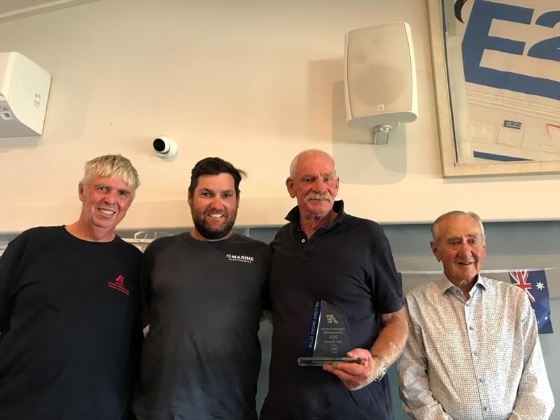 The team of Jindavik – David Rees, Oliver Nicholas and Toby Richardson – were runner-up to the Victorian Champions 2024. They were presented with their trophy by Geoff Henke photo copyright Jeanette Severs taken at Metung Yacht Club