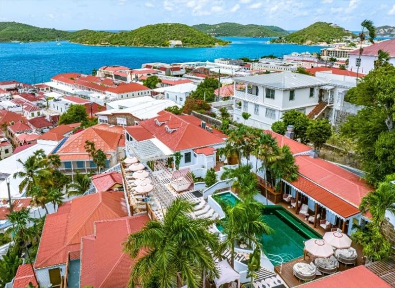 The Pink Palm, foreground with pool, with Charlotte Amalie harbor beyond photo copyright The Pink Palm taken at 