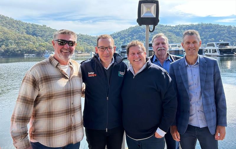 Minister Steve Dimopoulos, wearing the Better Boating Victoria jacket, is photographed with BIAV's president Scott O'Hare, Board member Daved Lambert, LEHIA president Mike Dalmau, and BIAV CEO Steve Walker - photo © Boating Industry Association of Victoria
