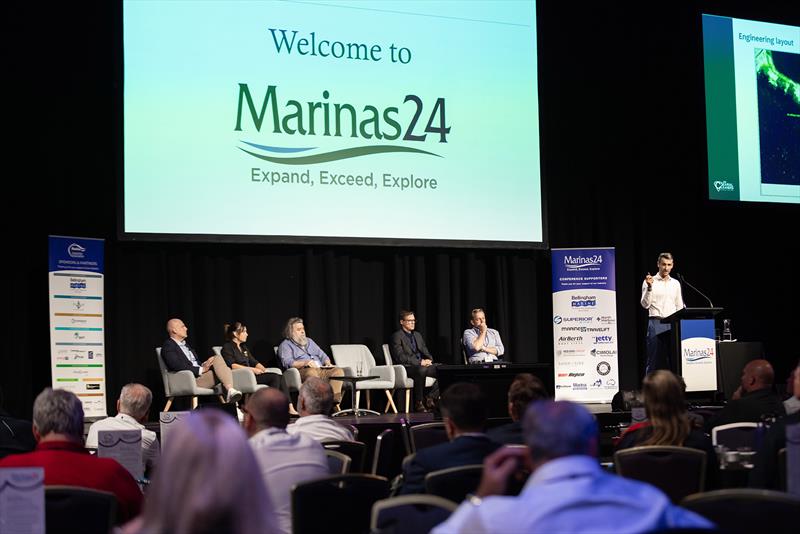 Innovation Showcase session – from left: Claudio Carlon - Cimolai, Fiona Mendez - ROVing Intelligence, Mark Smith - SET Maritime & Electrical, Rod Tansley -  Sandmap, Phil Wardale – NZMOA, Antoine Repiton-Preneuf - The Searial Cleaners photo copyright Marina Industries Association taken at 