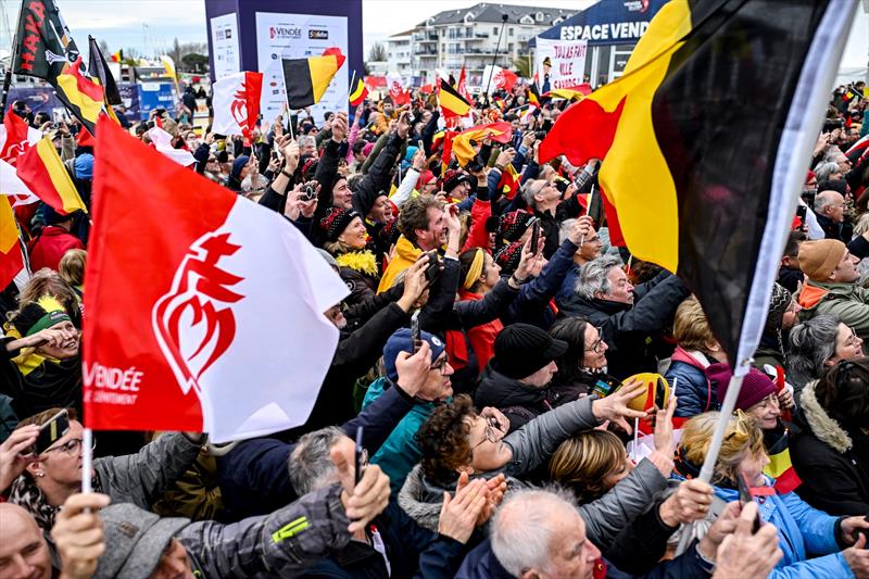 Spectators celebrate skipper Denis Van Weynbergh (BEL) who takes last place in the Vendée Globe, 1 day after the finish line had been closed sport-wise, hence not being classified, on March 08, in Les Sables d'Olonne, France - photo © Jean-Louis Carli / Alea #VG2024
