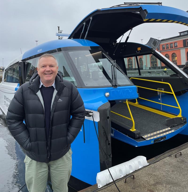 Mike was all smiles after riding the amazing Candela P12 foiling electric passenger ferry in Stockholm photo copyright Marine Rescue NSW taken at 