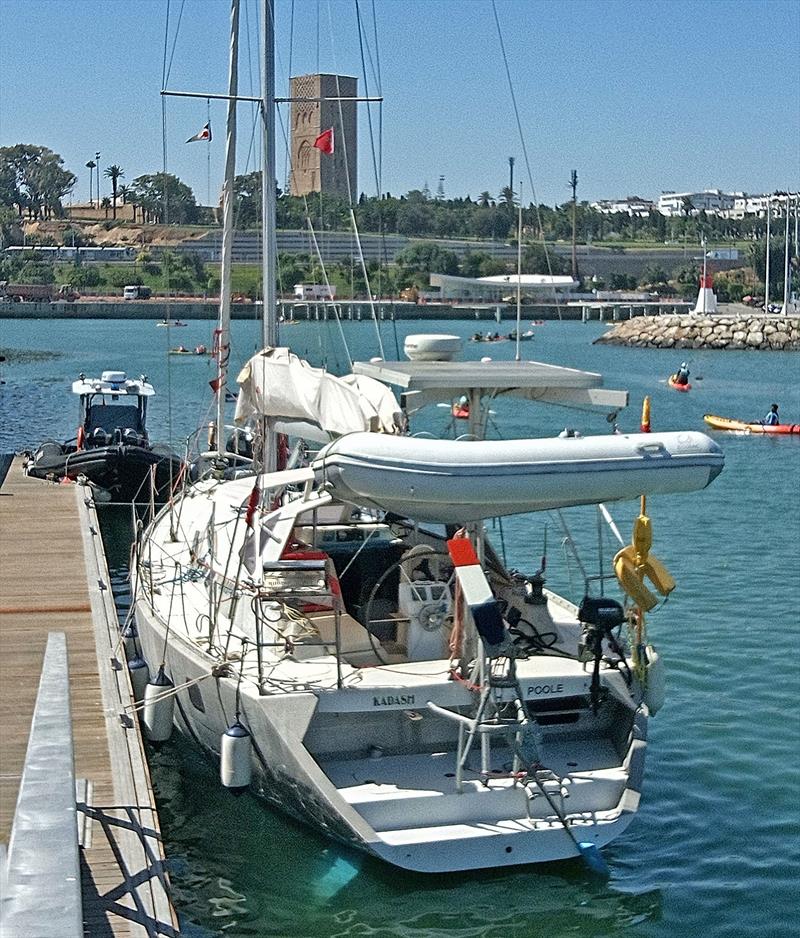 Paul Weston's, Kadash, about to Depart Rabat for Lanzarote with 12th Century Hassan Tower in the background - photo © Paul Weston