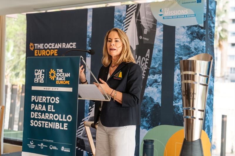 Theresa Zabell, double Olympic gold medalist, President of the Ecomar Foundation and moderator of the event photo copyright Austin Wong / The Ocean Race taken at 