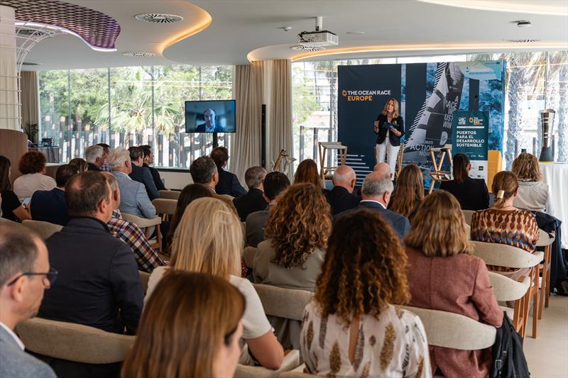 Theresa Zabell, double Olympic gold medalist, President of the Ecomar Foundation and moderator of the event photo copyright Austin Wong / The Ocean Race taken at 