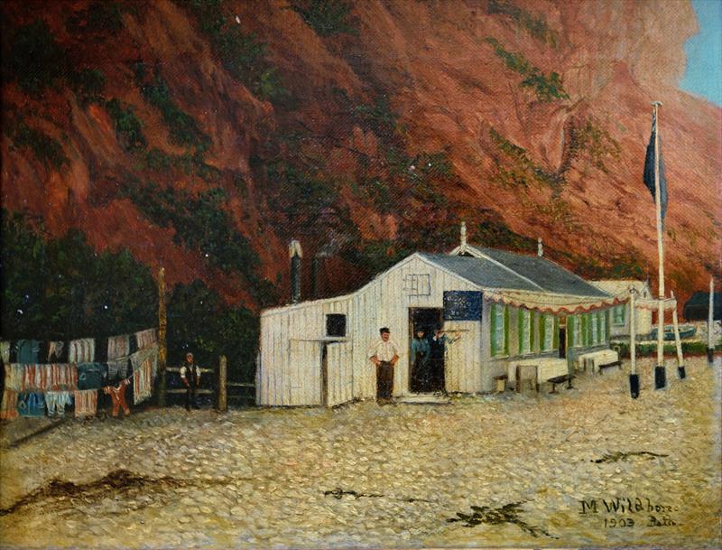 Oddicombe Beach in 1903, as seen by artist M Wildbore. The painting hangs in the sailing club's St Marychurch clubhouse photo copyright M Wildbore taken at Babbacombe Corinthian Sailing Club