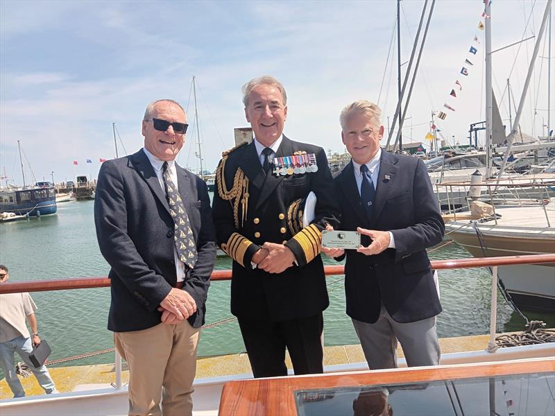 (l-r) Simon Stephens, Admiral Sir George Zambellas, Ross Ahlgren with brass plaque photo copyright National Historic Ships UK taken at 