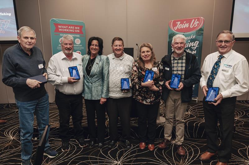 VRFish Lifetime Achievement Award Recipients L-R Bob Pearce, Steven Relf,  Christine Couzens MP, John Hotchin, Priya Cardinaletti, Geoff Cramer, Rob Loats photo copyright VRFish taken at VRFish