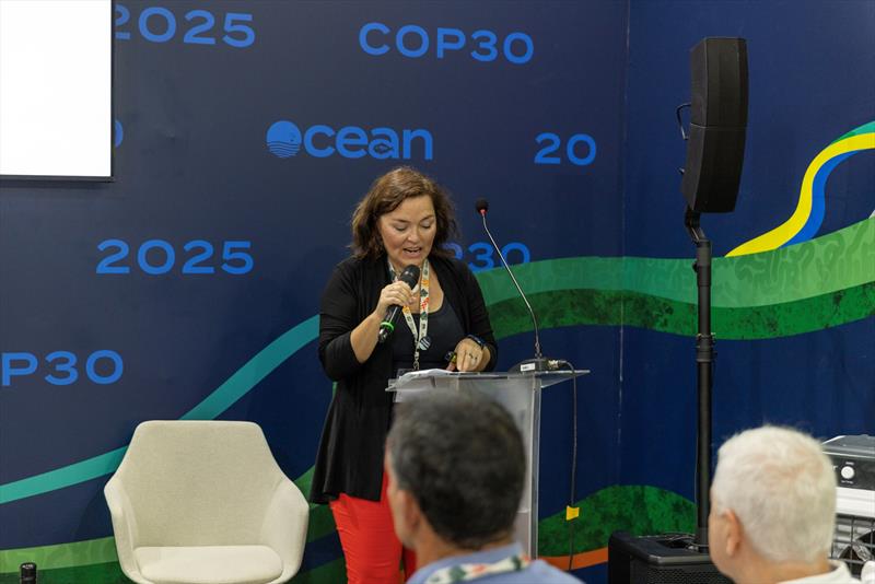 Lucy Hunt, Ocean Impact Director at The Ocean Race speaking at COP30, Belém, Brazil - photo © Sophie Valerie Hulme / Communications INC 