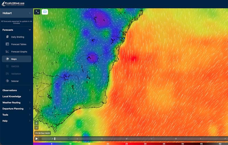 Forecast wind for just after the start of the 2025 Rolex Sydney Hobart Yacht Race - photo © Predictwind.com