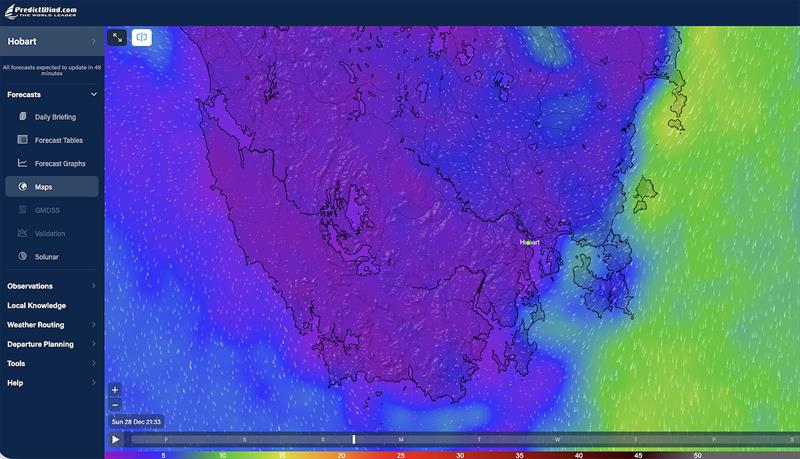 Southern Tasmania on Sunday Night - 28/12/25 - photo © Predictwind.com