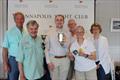 © CRAB Sailing L-R: Paul `Bo` Bollinger, CRAB President & CEO; Michael Manuzack, CRAB Volunteer Skipper; Christopher Carbery, 1st Place; Peter Gordon, Race Committee PRO; Amy Harris, CRAB Volunteer Crew; Secretary Carol Beatty, Department of Disabilities © CRAB Sailing