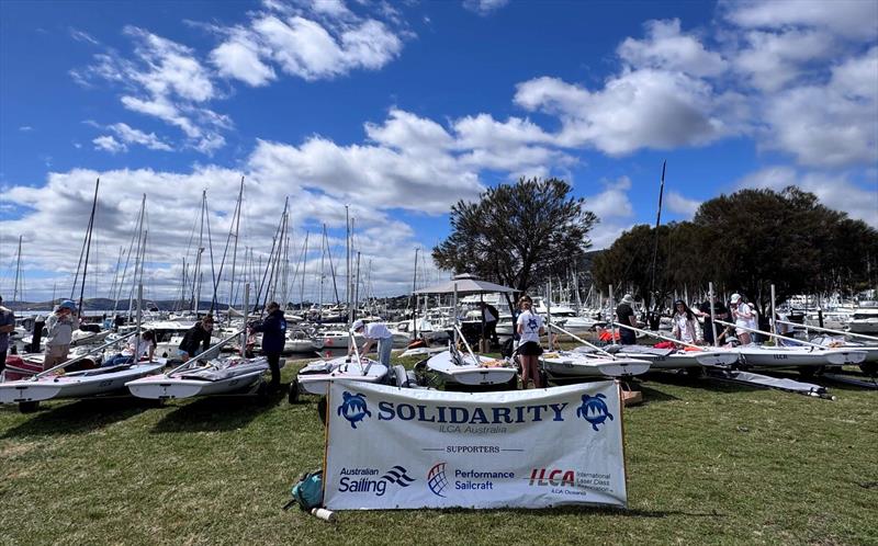 The 2026 ILCA Oceania Solidarity Squad prepping for the week ahead at the Royal Yacht Club of Tasmania photo copyright Jane Austin taken at Royal Yacht Club of Tasmania