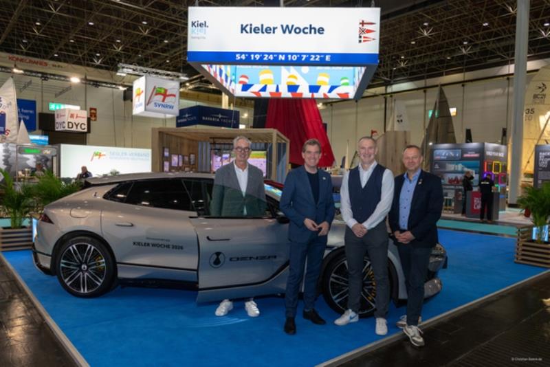 Hauke Berndt from KYC (right) and Lord Mayor Ulf Kämpfer (2nd from left) sealed premium partnerships for Kieler Woche 2026 with Burghard Weller (left), head of the WELLER car dealership group, and Klaus Hartmann from DENZA (2nd from right) - photo © Christian Beeck / Kieler Woche