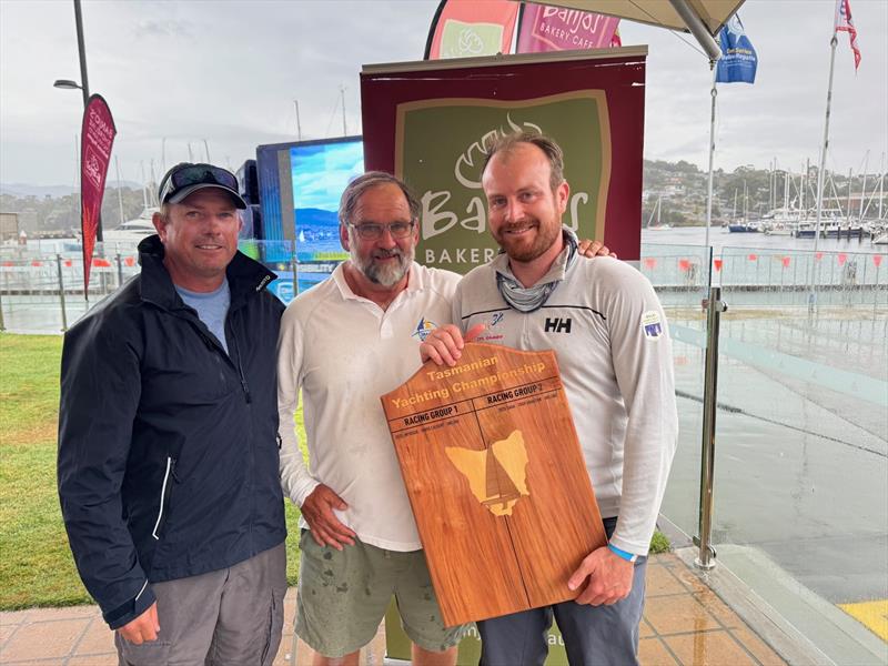BYC Vice Commodore Troy Grafton presents the Tasmanian Yachting Championship to ORC winner Ian Stewart (Joint Custody) and to IRC winner Malo Leseigneur (Eye Candy) - photo © Jane Austin