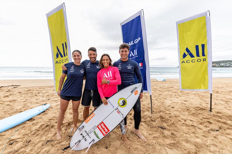 Sally Fitzgibbons (Australian professional surfer) stands alongside Quentin Delapierredriver, Amelie Riou (reserve sailor) and Timothe Lapauw (grinder) as she leads a surfing lesson at Manly Beach ahead of the KPMG Australia Sail Grand Prix - photo © Simon Bruty for SailGP