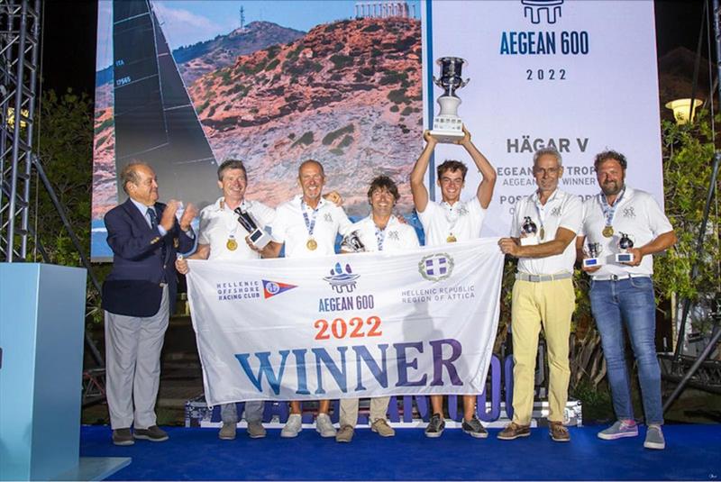 The HAGAR 5 team with their numerous awards won the 2022 edition of the AEGEAN 600 - photo © Hellenic Offshore Racing Club