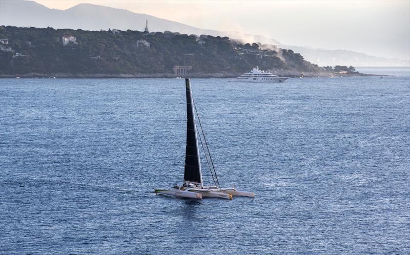 Phaedo3 set off trying to set a Monaco to Porto Cervo record photo copyright Rachel Fallon-Langdon / Team Phaedo taken at Yacht Club de Monaco and featuring the MOD70 class