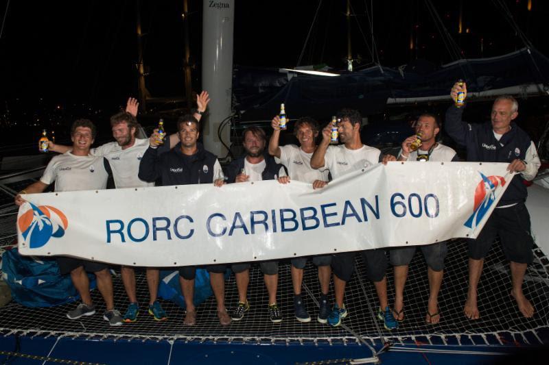 Maserati crew: Giovanni Soldini, Guido Broggi, Francesco Malingri, Vittorio Bissaro, Carlos Hernandez, Oliver Herrera, François Robert, Matteo Soldini after the RORC Caribbean 600 photo copyright RORC / Ted Martin taken at Antigua Yacht Club and featuring the MOD70 class