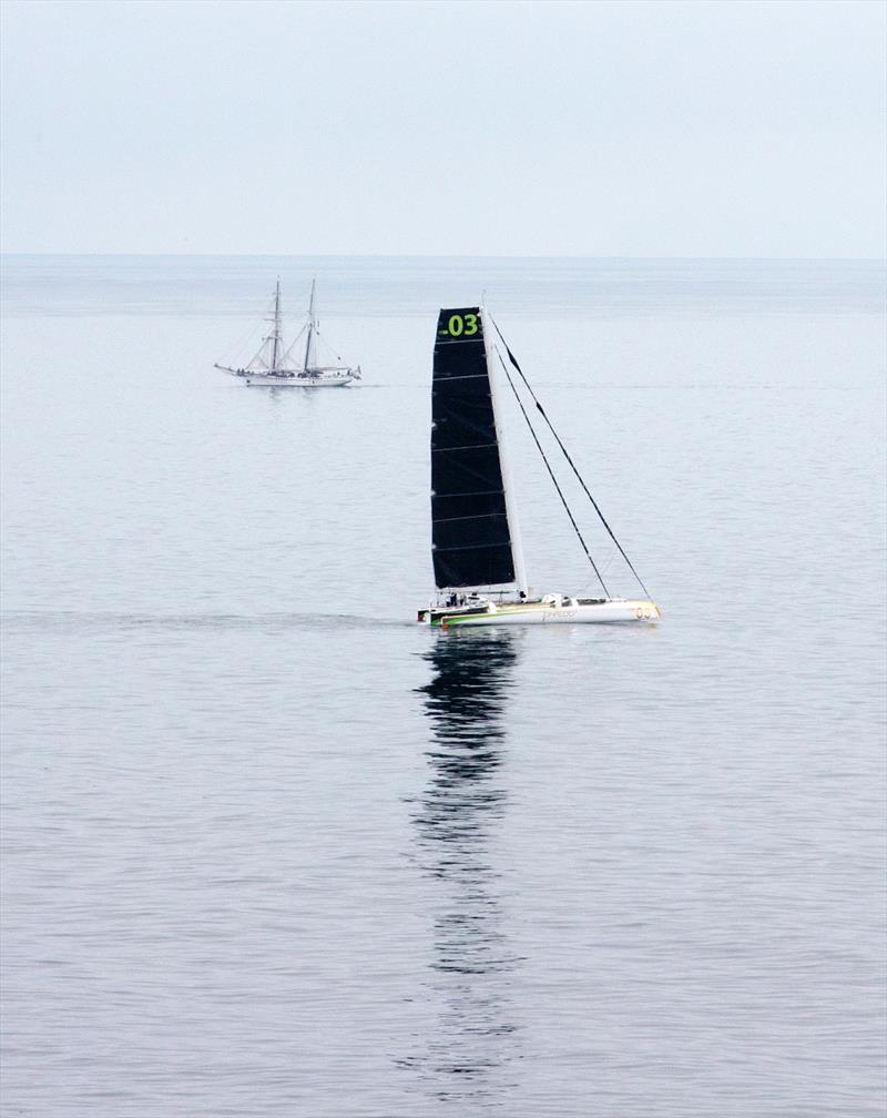 Lloyd Thornburg's Phaedo^3 sets off attempting to break the Transpacific World Speed Sailing Record photo copyright Rachel Fallon-Langdon / Team Phaedo taken at  and featuring the MOD70 class