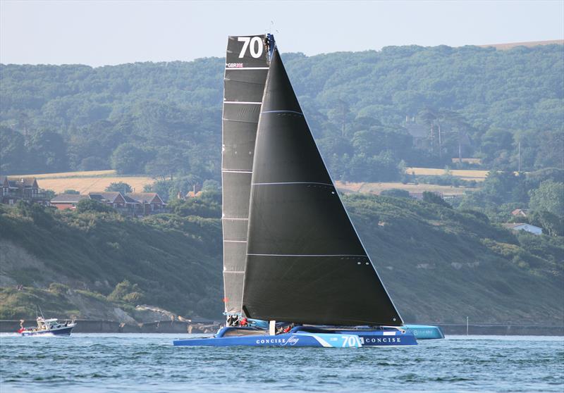 The leaders pass Hurst Castle and approach the Needles during the 2018 Round the Island Race photo copyright Mark Jardine / YachtsandYachting.com taken at  and featuring the MOD70 class