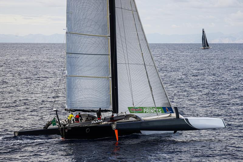 Mana and Maserati MOD 70s on their way to Aeolian Island in the 2020 Rolex Middle Sea Race photo copyright Rolex / Kurt Arrigo taken at Royal Malta Yacht Club and featuring the MOD70 class