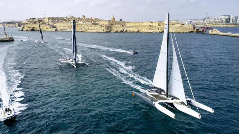 The multihulls, led by Mana and Maserati Multi 70, exit Grand Harbour following the start of the 2021 Rolex Middle Sea Race - photo © Kurt Arrigo / Rolex